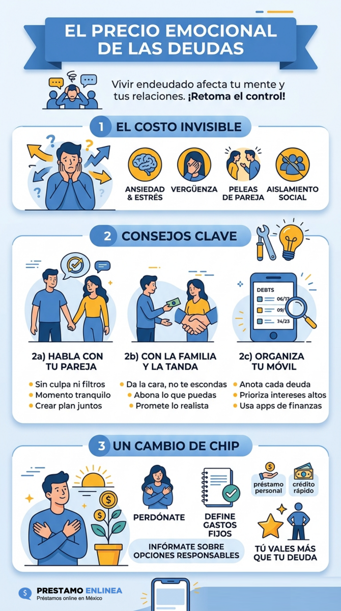 Infografía sobre el impacto emocional de las deudas en México. Muestra consejos para manejar la ansiedad financiera, peleas de pareja por dinero y cómo organizar deudas con la familia o bancos para recuperar la tranquilidad